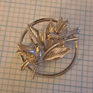 Vintage Sterling Silver Double Bird Leaf Circle Brooch Fine Jewelry
